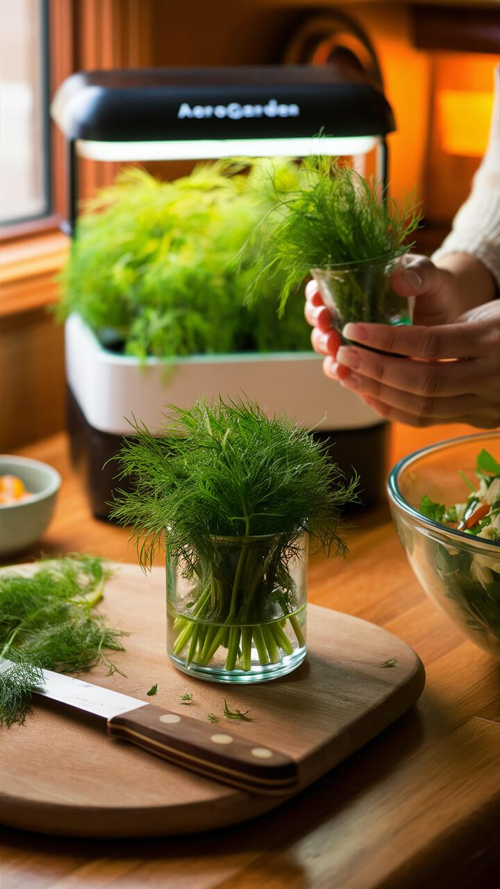 How to Trim Dill Properly In Your Aerogarden A person is handling fresh dill near an AeroGarden on a kitchen counter. A knife rests on a wooden cutting board.