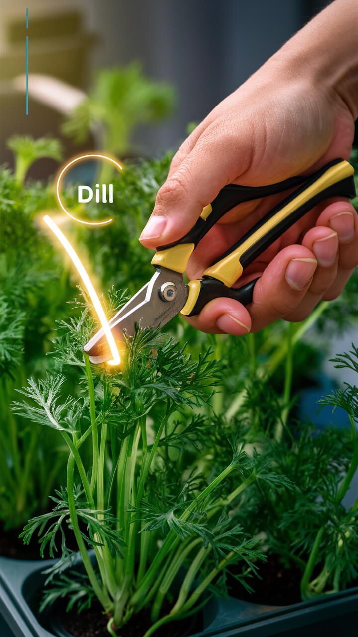 How to Trim Dill Properly In Your Aerogarden A person uses scissors to trim fresh dill plants, highlighted by a glowing arc. Greenery fills the background, indicating indoor gardening.
