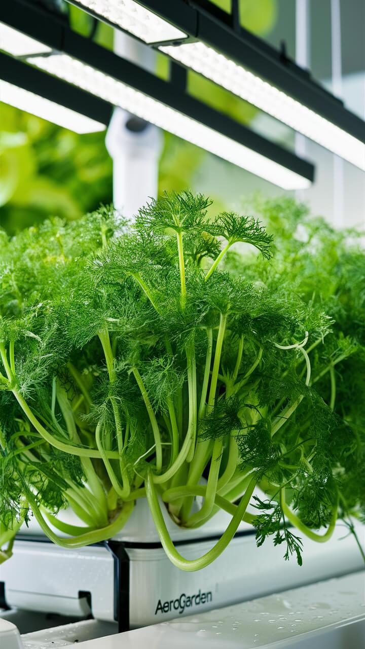 How to Trim Dill Properly In Your Aerogarden Lush dill plants grow indoors under LED lights in an AeroGarden, showcasing a modern hydroponic gardening setup with bright greenery and moisture droplets.