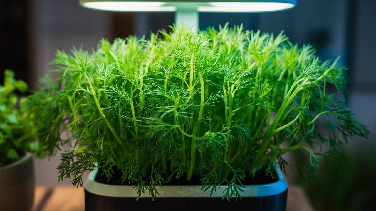 How to Trim Dill Properly In Your Aerogarden Lush green dill plants growing indoors under a bright LED light, surrounded by blurred background, suggesting a cozy, modern indoor setting.