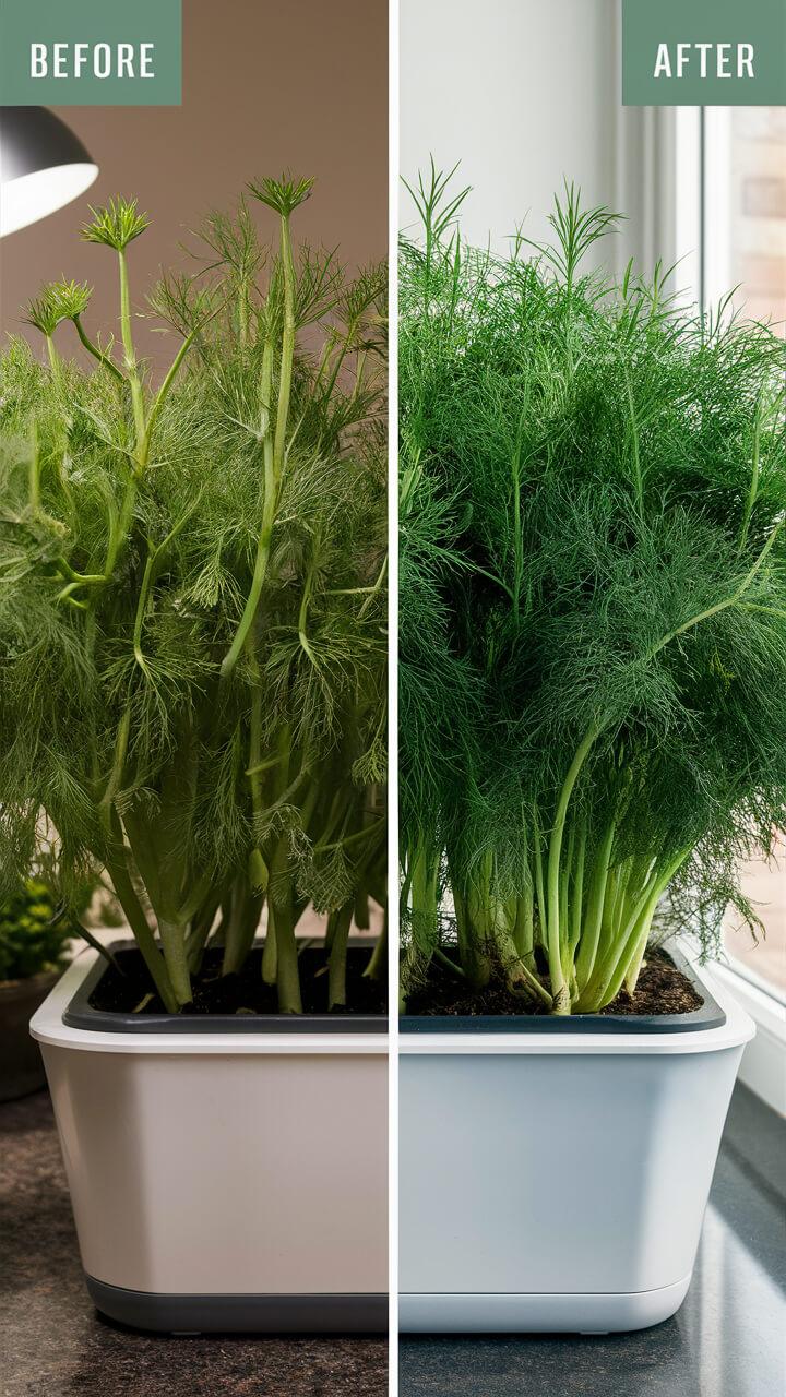 How to Trim Dill Properly In Your Aerogarden A before-and-after comparison of plant growth in a white pot, showing improved greenery and density after care or treatment.