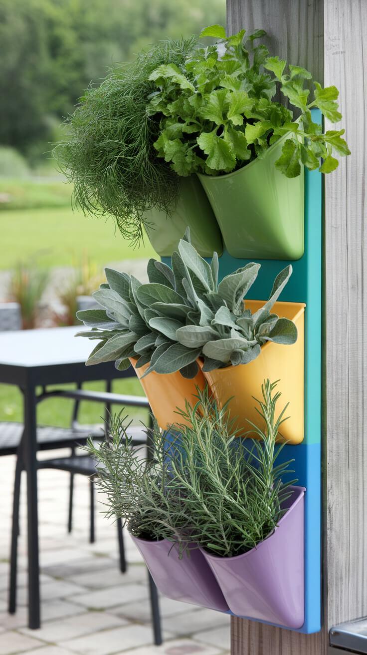 25 Vertical Herb Garden Hacks for Small Spaces A vibrant fabric shoe organizer hangs against a sunlit balcony railing, each pocket overflowing with fresh herbs like dill, basil, and parsley