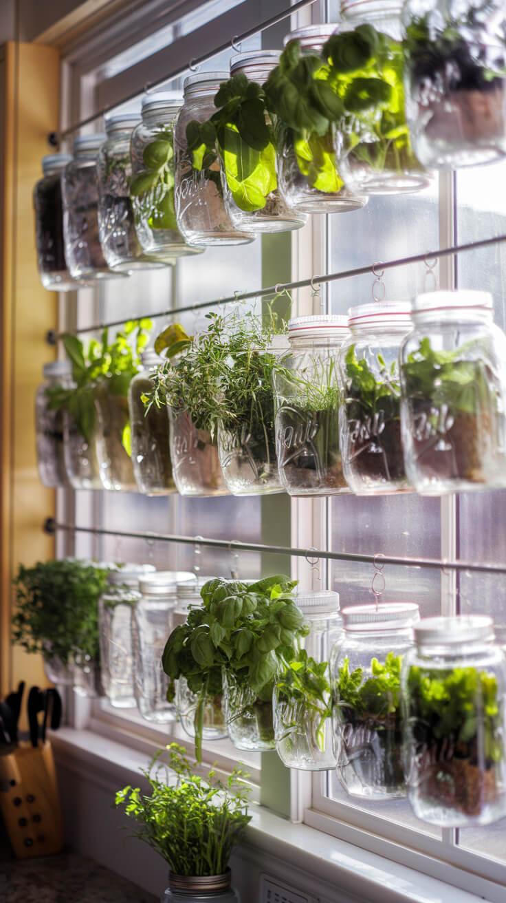 25 Vertical Herb Garden Hacks for Small Spaces A sunny kitchen window adorned with rows of crystal-clear mason jars hanging at the window, each brimming with vibrant green herbs like basil, parsley, and mint