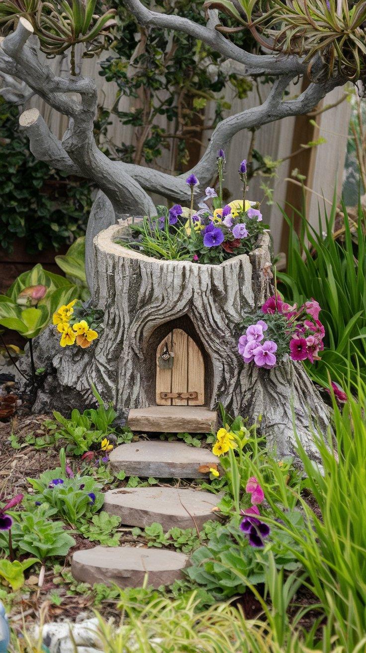 38 Mini Fairy Garden Ideas That Spark Imagination foliage in a stump