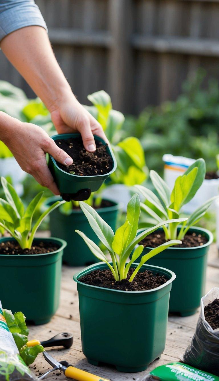 Transplanting Aerogarden Plants to Soil: A Step-by-Step Guide for Successful Transition two hands pouring more soil into a pot of plants