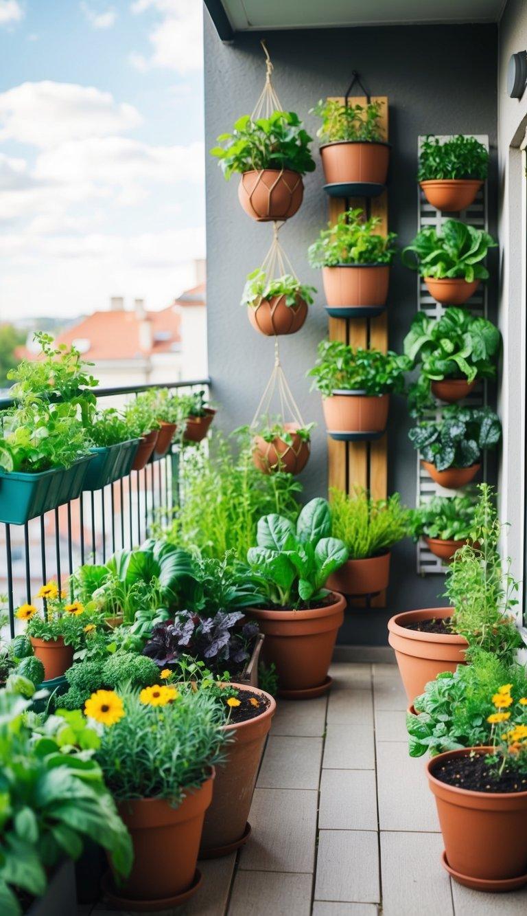 Small-Space Gardening on a Budget A balcony garden with potted plants, hanging baskets, and vertical planters. A mix of vegetables, herbs, and flowers growing in a small space