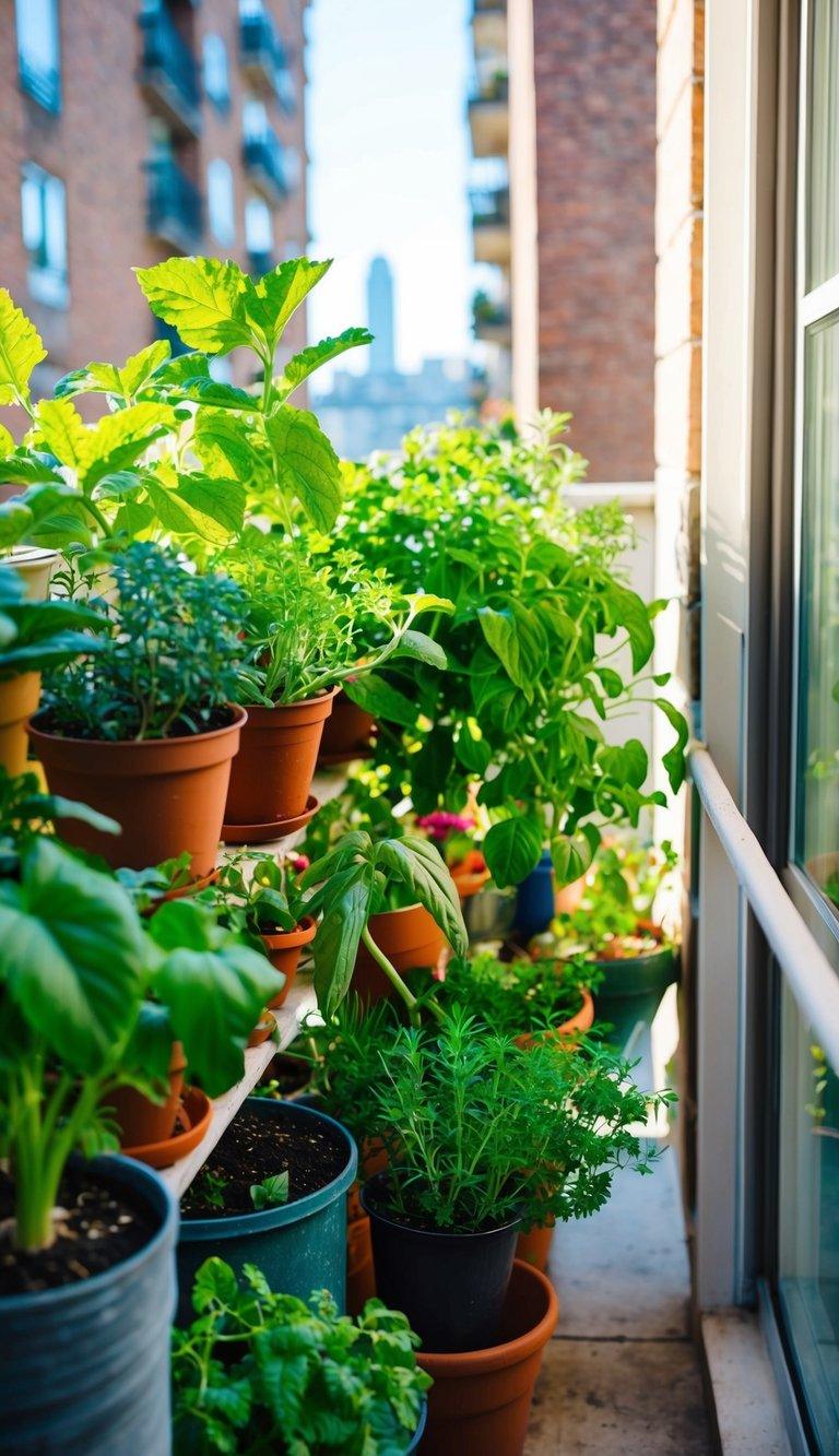 Small-Space Gardening on a Budget A small urban balcony filled with thriving potted plants, herbs, and vegetables. Creative use of vertical space and repurposed containers. Sunlight filters through the leaves