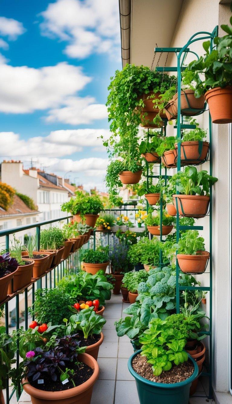 Small-Space Gardening on a Budget A balcony overflowing with potted plants, utilizing vertical space with hanging baskets and trellises. A mix of vegetables, herbs, and flowers thrive in the compact garden