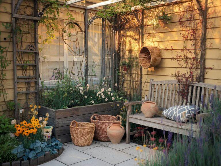 Cottagecore Garden Ideas For Maximizing Small Spaces Cozy, sunlit garden with a wooden bench, clay pots, wicker baskets, and vibrant flowers, set against a vine-covered yellow wall.