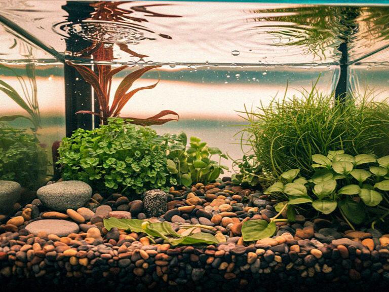 How to Grow an Underwater Herb Garden in Your Aquarium An aquarium scene with lush green plants, smooth stones, and reflective water surface, creating a serene underwater environment.