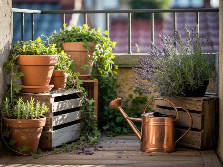 Small Rustic Balcony Garden: Cottagecore Container Space Ideas A cozy balcony garden with potted plants, wooden crates, and a copper watering can, illuminated by soft sunlight, creating a tranquil atmosphere.