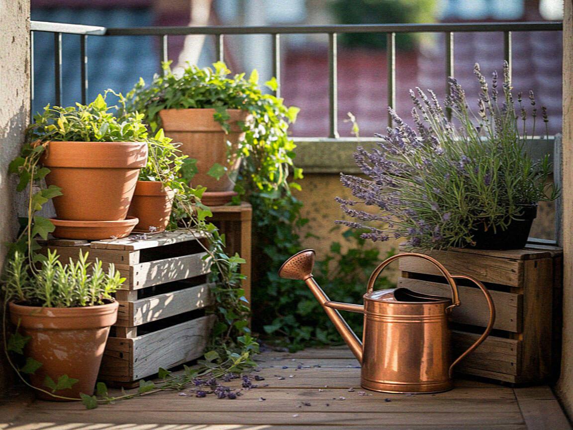 Small Rustic Balcony Garden: Cottagecore Container Space Ideas A cozy balcony garden with potted plants, wooden crates, and a copper watering can, illuminated by soft sunlight, creating a tranquil atmosphere.