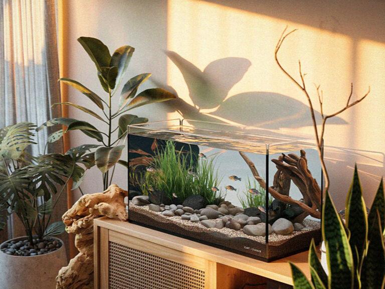 The Ultimate Guide to Create a Self-Sustaining Aquarium Ecosystem An aquarium with green plants and small fish sits on a wooden cabinet surrounded by indoor plants, bathed in warm sunlight.