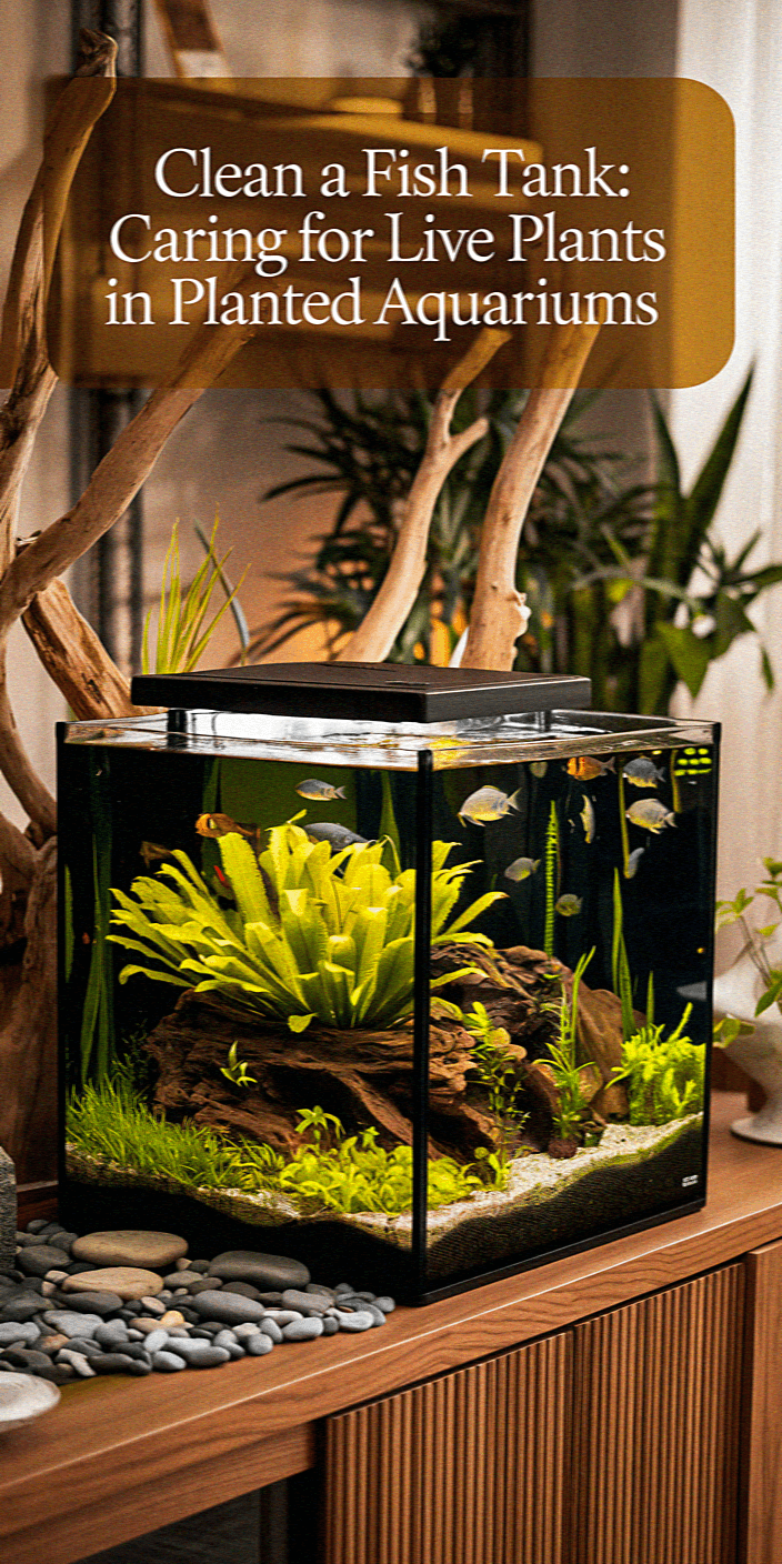 Clean a Fish Tank: Caring for Live Plants in Planted Aquariums A modern aquarium with live plants and colorful fish is displayed on a wooden surface, accented by pebbles and decorative branches.