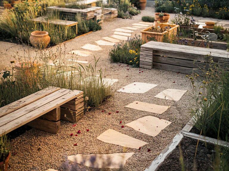 How to Create a Beautiful Rustic Garden A serene garden features wooden benches, gravel pathways, and vibrant potted plants, creating a tranquil space for reflection and relaxation amidst natural beauty.