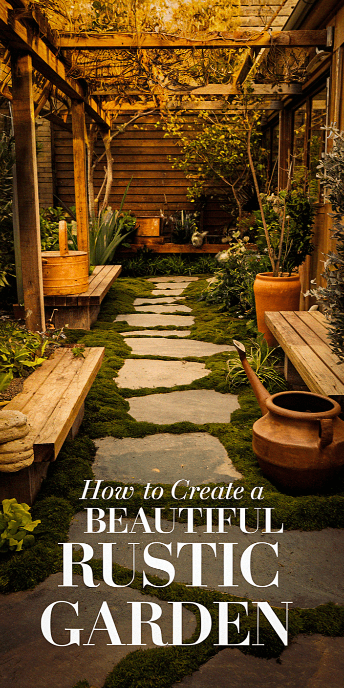 A rustic garden features stone paths, wooden benches, and lush greenery under pergolas, creating a serene and picturesque outdoor setting.