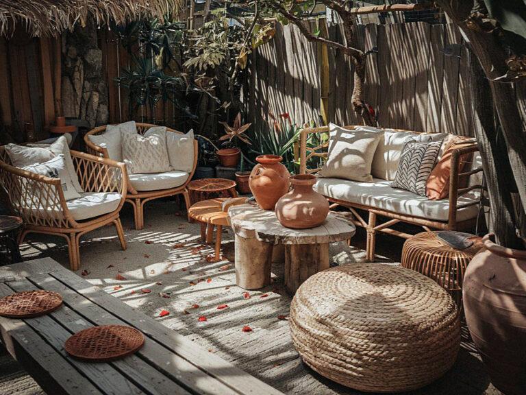 How to Create a Tulum Inspired Boho Garden Cozy outdoor patio with wicker furniture, cushions, wooden tables, and terracotta pots. Sunlight filters through overhead branches, creating relaxing shadows.
