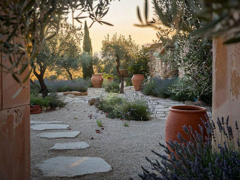 How to Create a Tuscan Inspired Italian Garden A serene garden scene with olive trees, stone pathway, and terracotta pots, framed by rustic walls and purple lavender under a warm sky.