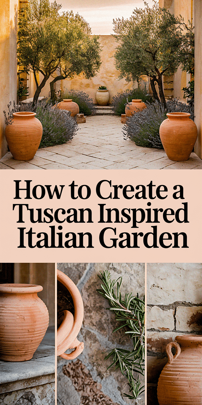 How to Create a Tuscan Inspired Italian Garden Tuscan-inspired garden with terracotta pots, stone pathway, olive trees, and lavender. Text overlays provide gardening tips and design inspiration.