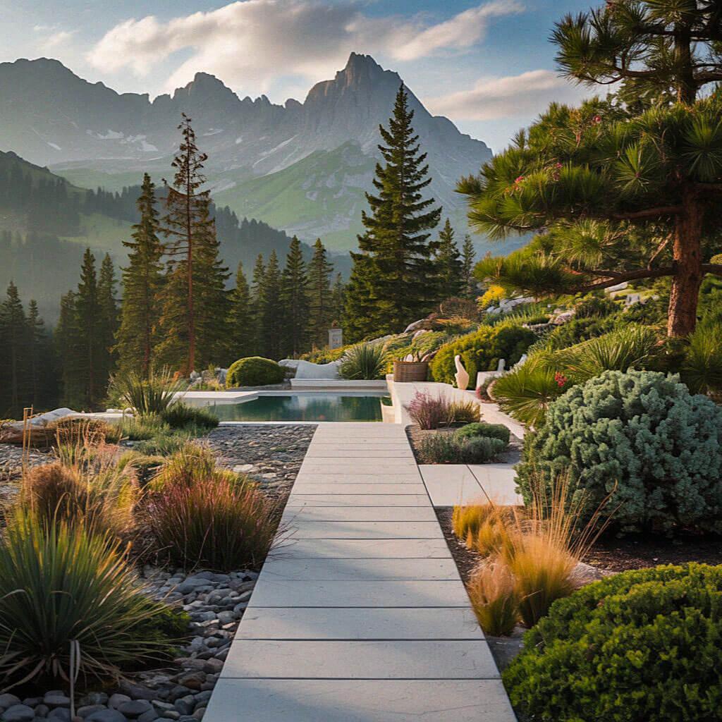 A serene mountain landscape features a path leading to a pool, surrounded by lush greenery and towering pine trees under a clear sky.