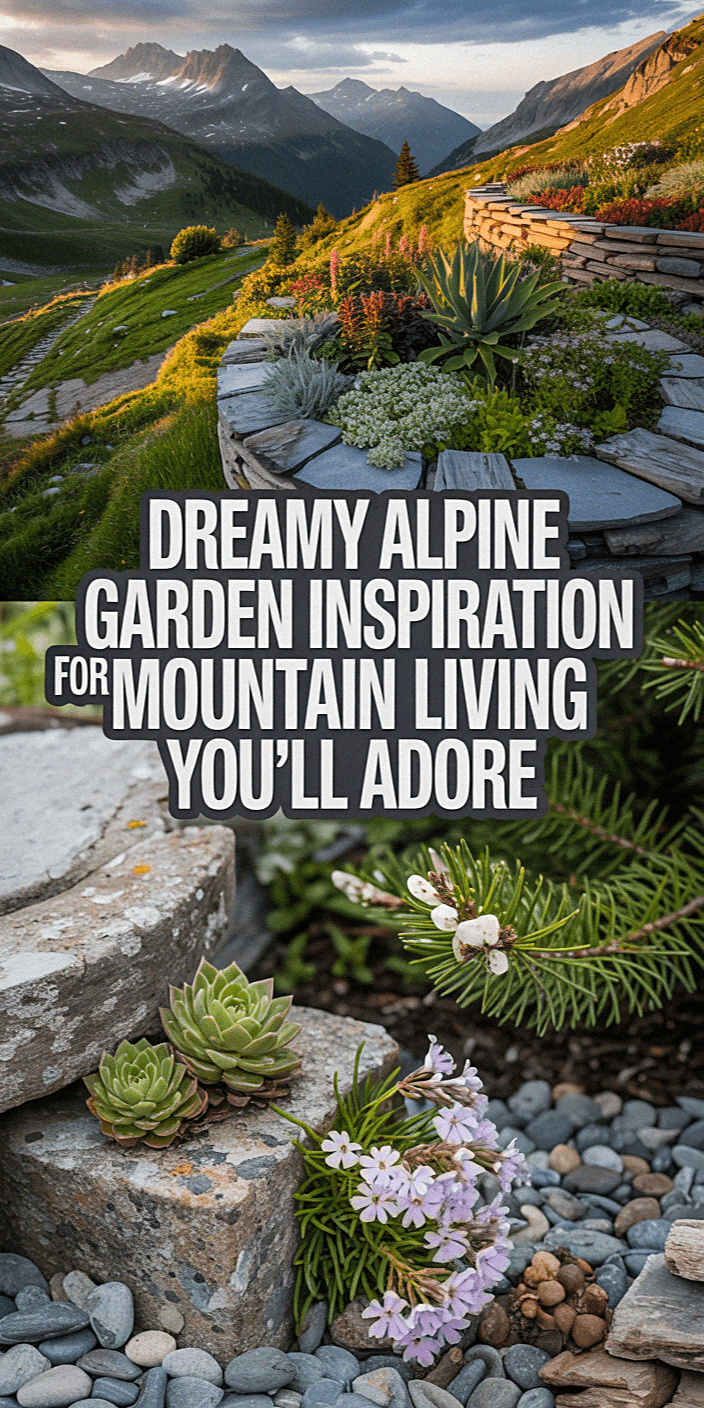 Alpine garden with stone terrace and vibrant plants, nestled in mountainous landscape. Text overlay: "Dreamy Alpine Garden Inspiration for Mountain Living You'll Adore."